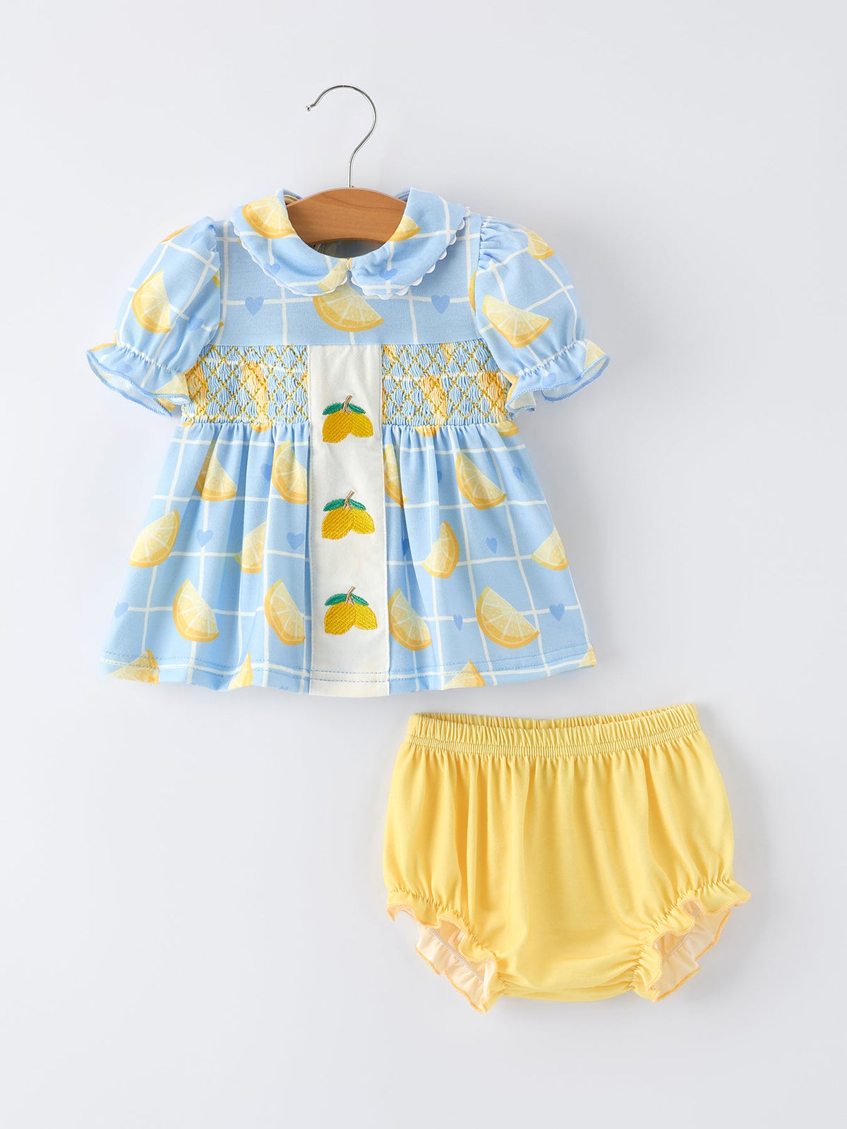 Summer Lemon Print Girls Puff Sleeve Bloomer Set by Rylee Faith Designs at Everetts Place