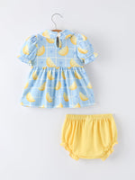 Summer Lemon Print Girls Puff Sleeve Bloomer Set by Rylee Faith Designs at Everetts Place