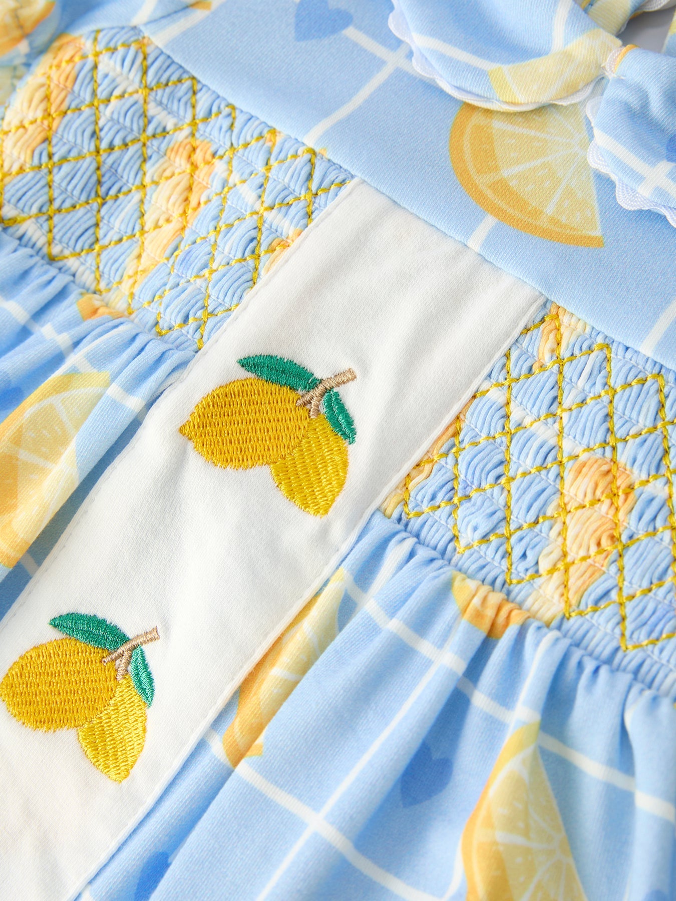 Summer Lemon Print Girls Puff Sleeve Bloomer Set by Rylee Faith Designs at Everetts Place