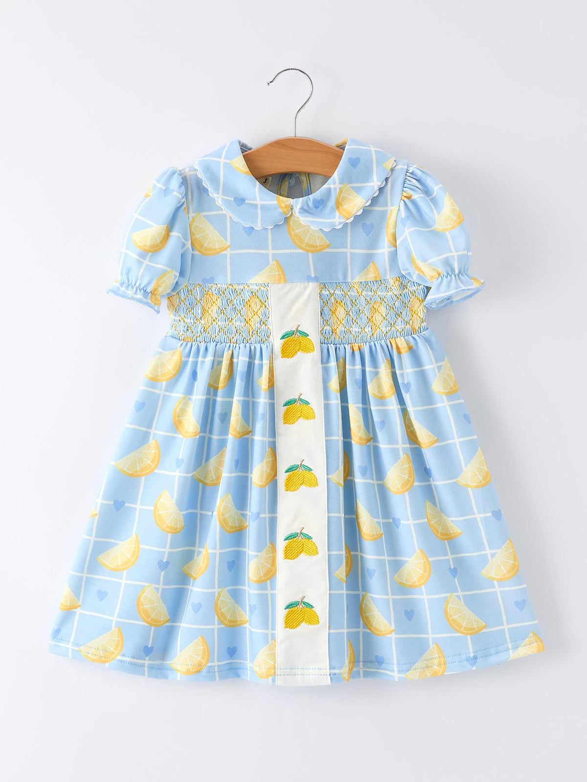 Summer Lemon Print Girls Puff Sleeve Dress by Rylee Faith Designs at Everetts Place