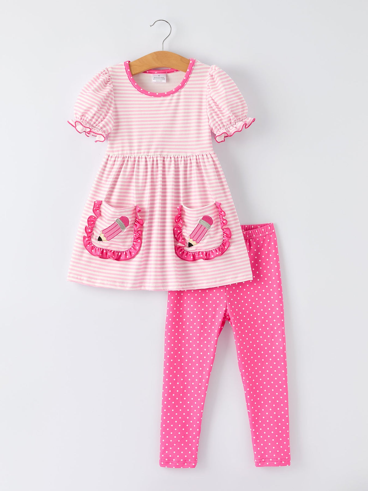 Rylee Faith Designs kids' striped outfit set with a cute pencil applique, perfect for school.