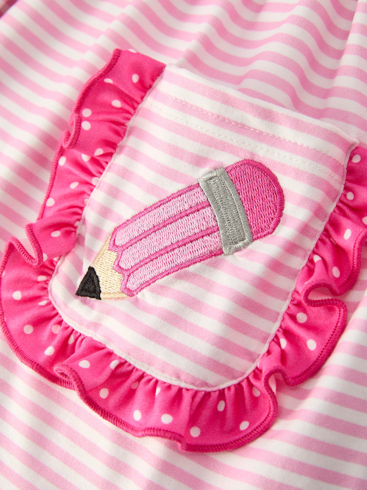 Rylee Faith Designs kids' striped outfit set with a cute pencil applique, perfect for school.