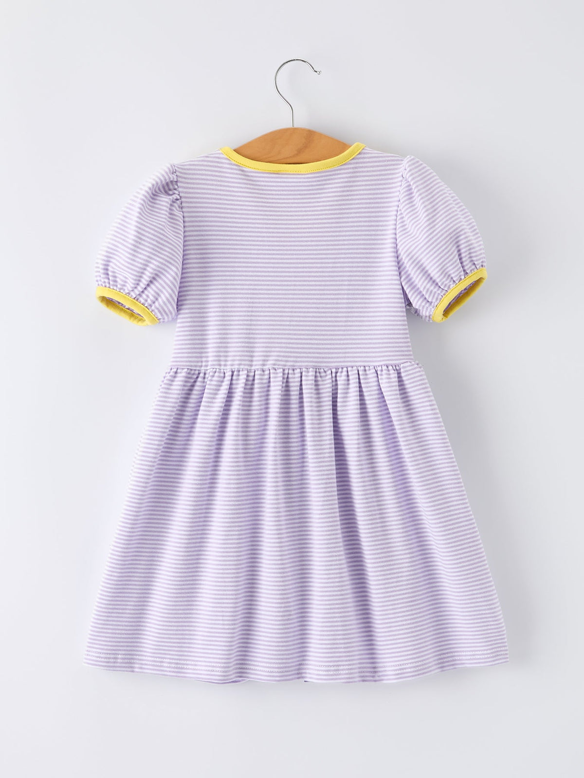 Rylee Faith Designs girls' back to school bus applique dress with ruffle pockets and short sleeves.