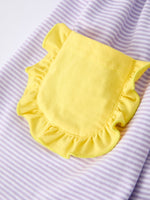 Rylee Faith Designs girls' back to school bus applique dress with ruffle pockets and short sleeves.