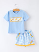 Rylee Faith Designs boys' back to school outfit with pencil applique t-shirt and plaid shorts.