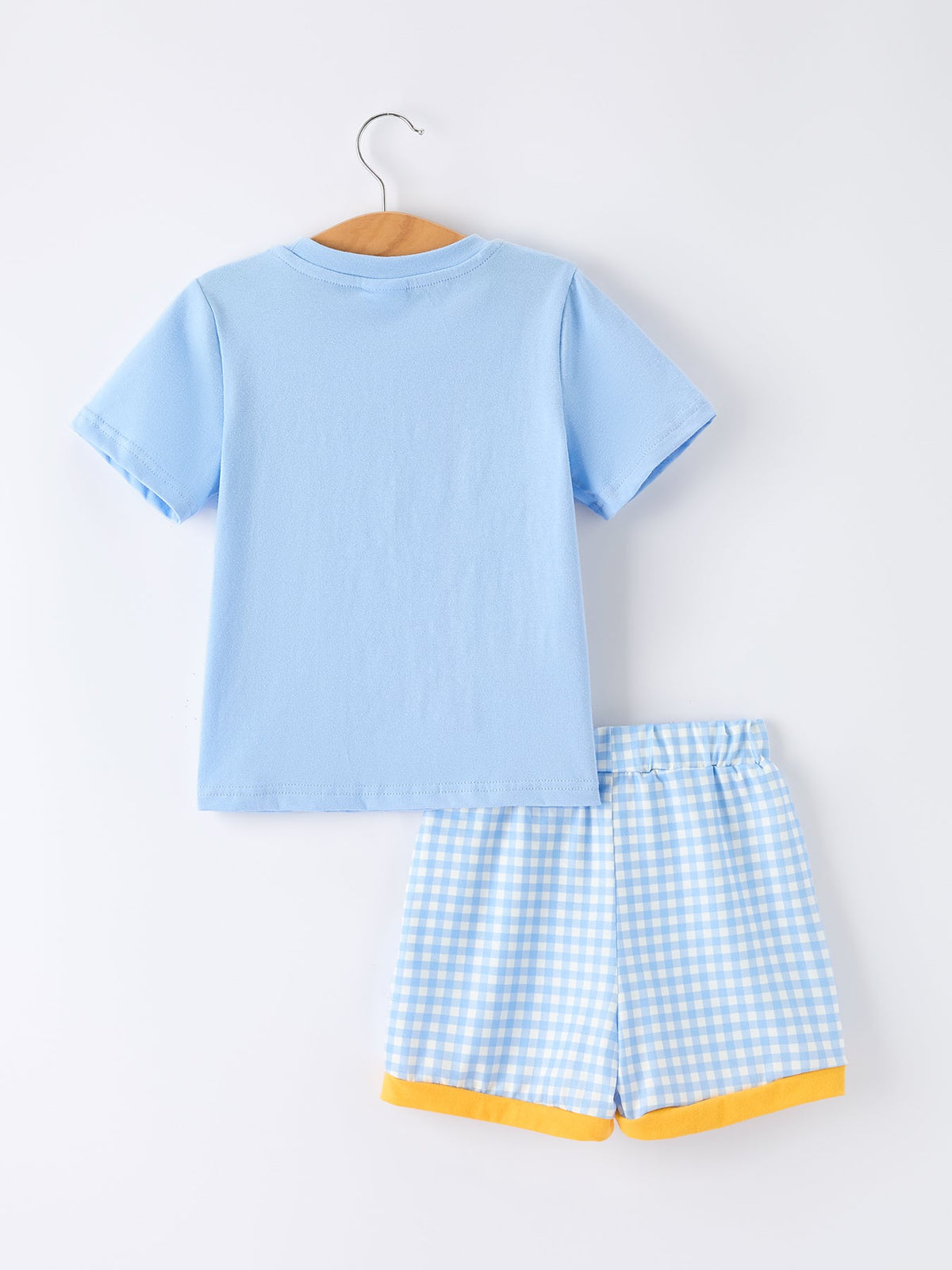 Rylee Faith Designs boys' back to school outfit with pencil applique t-shirt and plaid shorts.