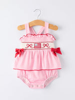 4th of July Plaid Girls Romper Bow Ruffle by Rylee Faith Designs at Everetts Place