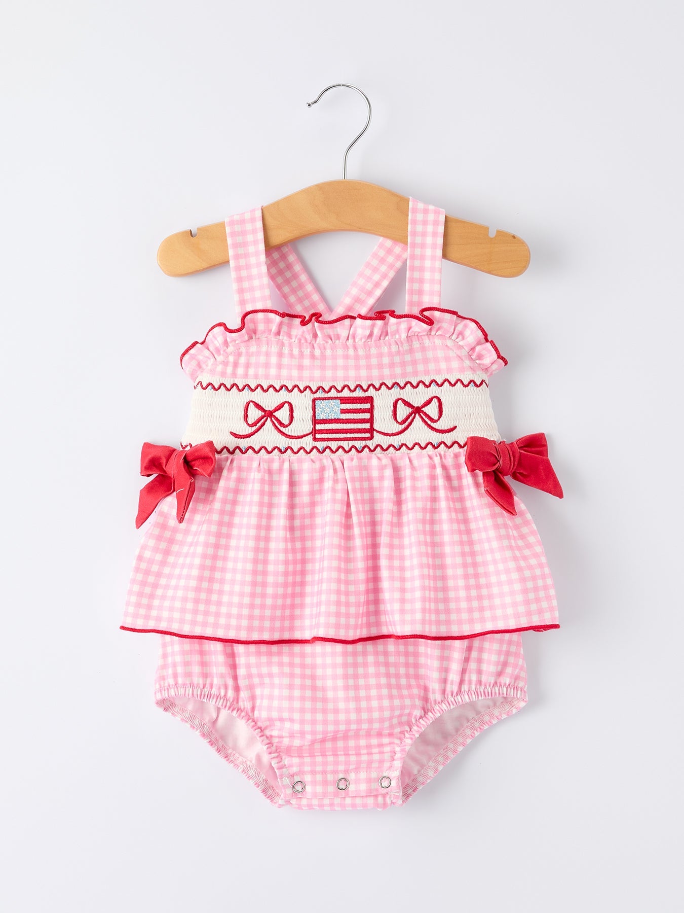4th of July Plaid Girls Romper Bow Ruffle by Rylee Faith Designs at Everetts Place