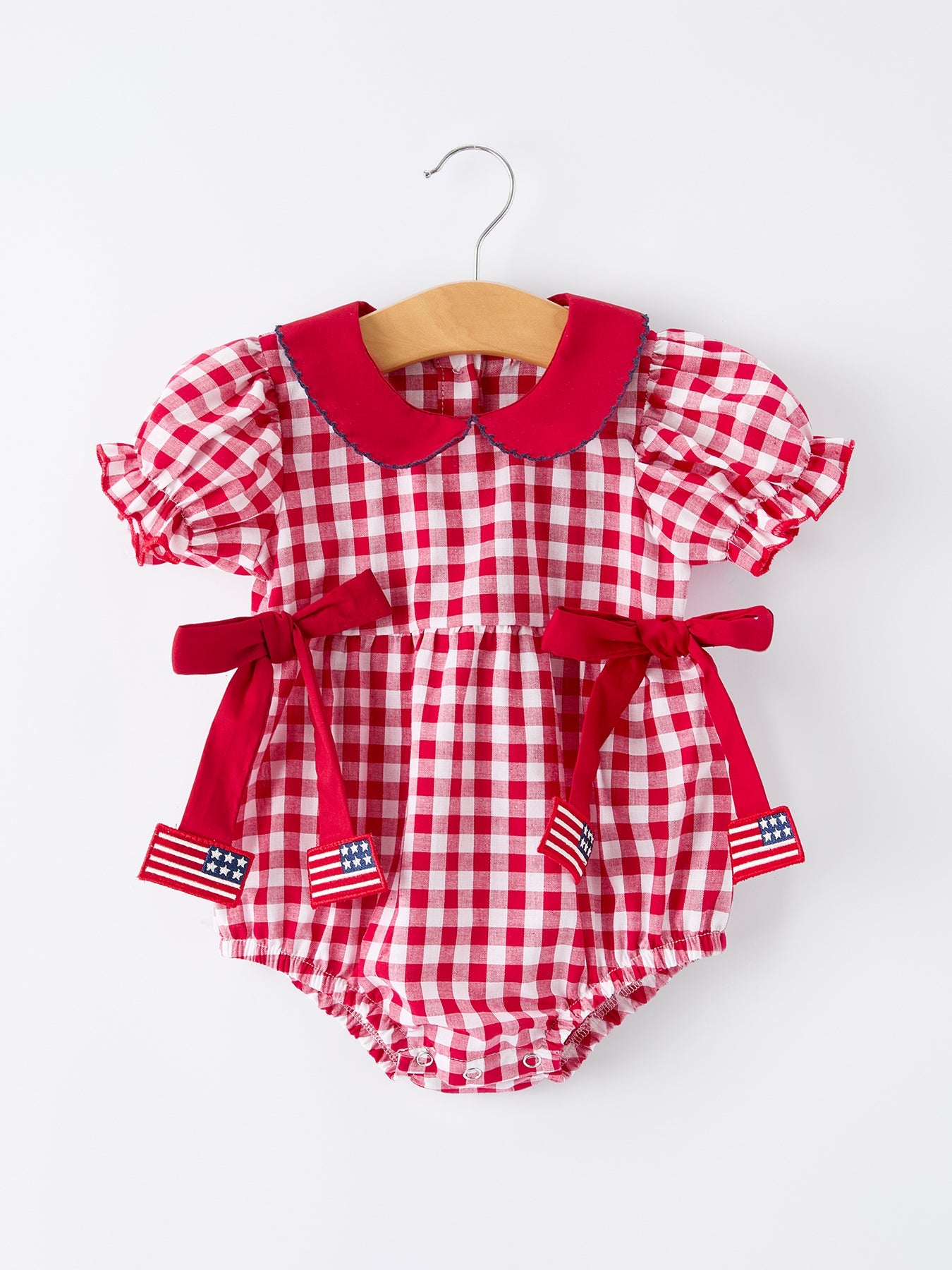 4th of July Flag Plaid Girl Peter Pan Collar Romper Bow by Rylee Faith Designs at Everetts Place