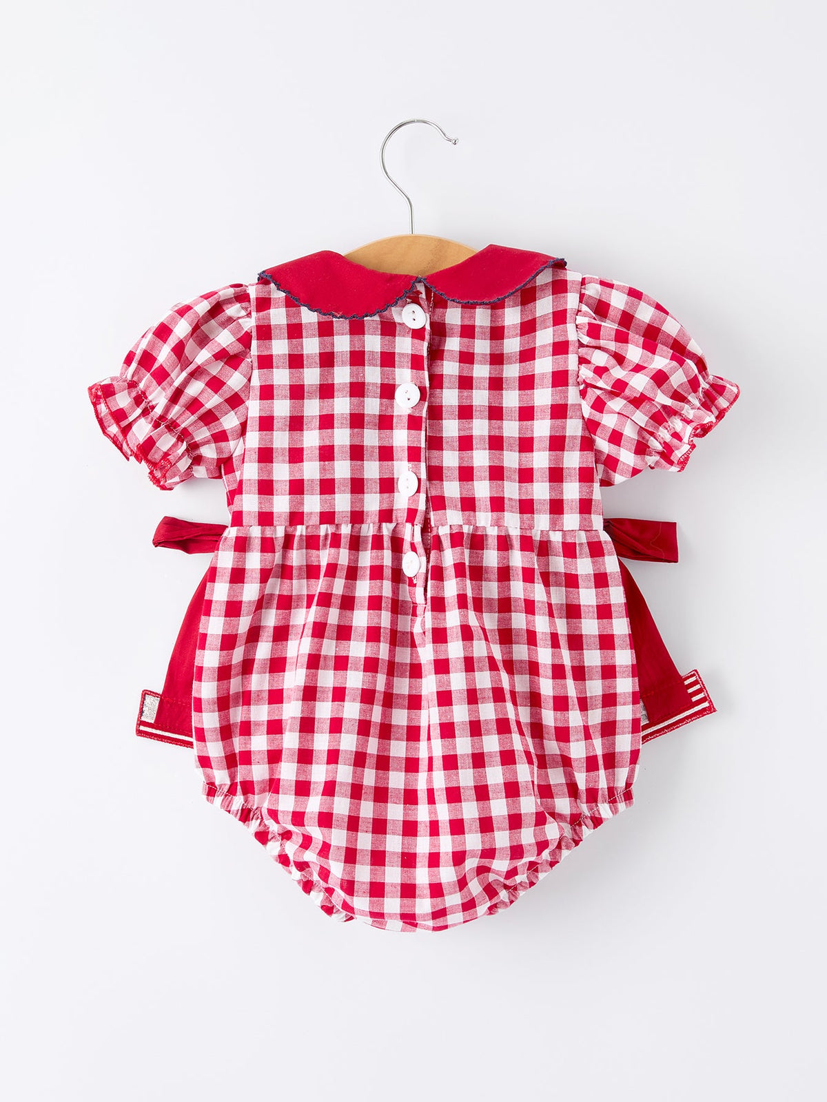 4th of July Flag Plaid Girl Peter Pan Collar Romper Bow by Rylee Faith Designs at Everetts Place