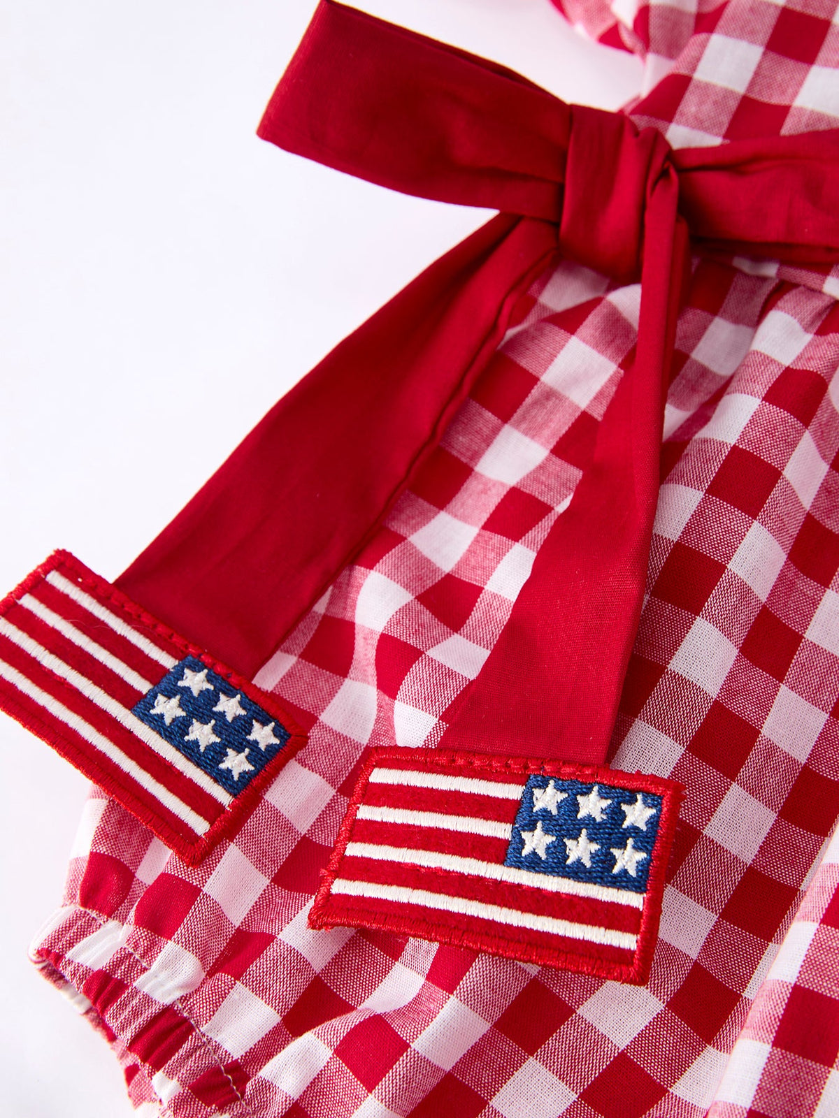 4th of July Flag Plaid Girl Peter Pan Collar Romper Bow by Rylee Faith Designs at Everetts Place