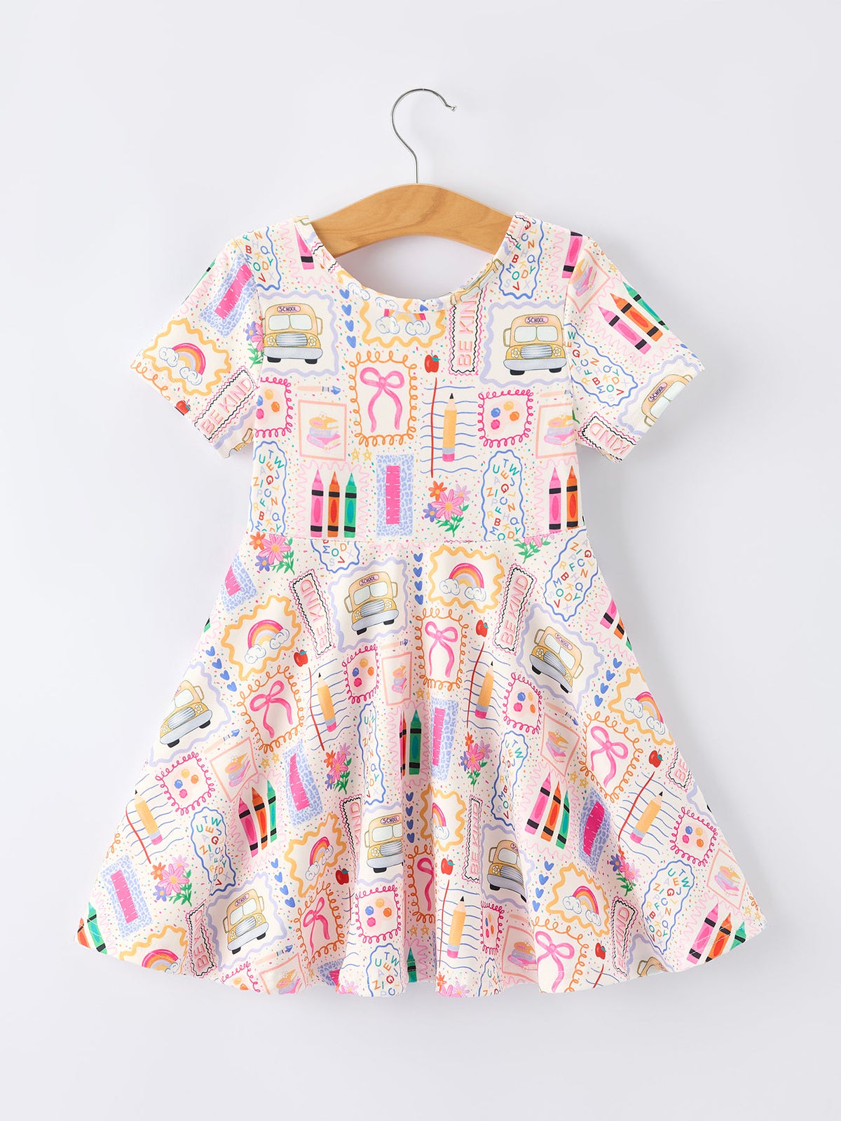 Back to School Rainbow Print Girls Dress Short Sleeve by Rylee Faith Designs at Everetts Place