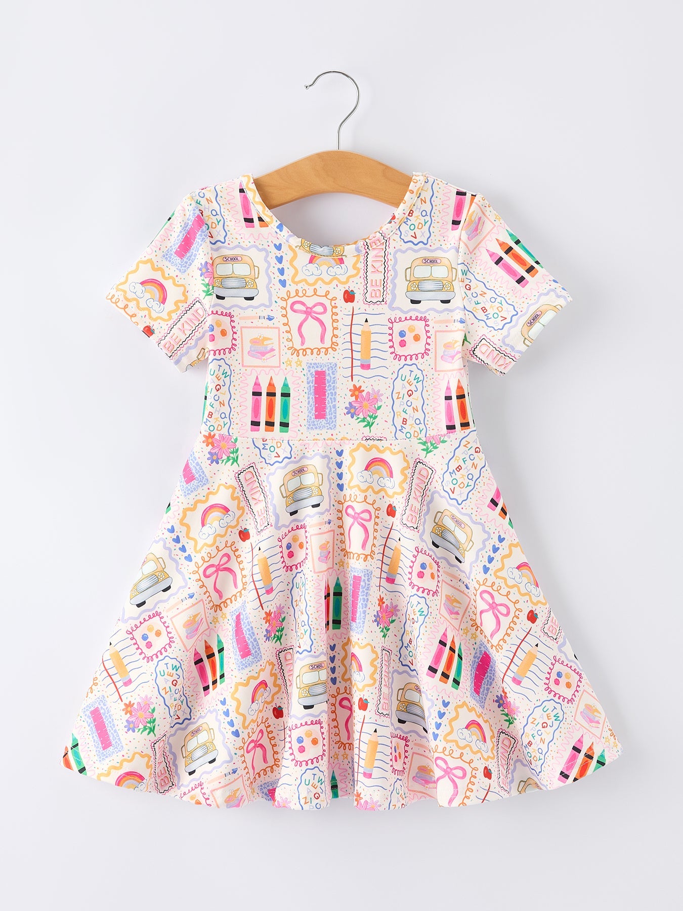 Back to School Rainbow Print Girls Dress Short Sleeve by Rylee Faith Designs at Everetts Place