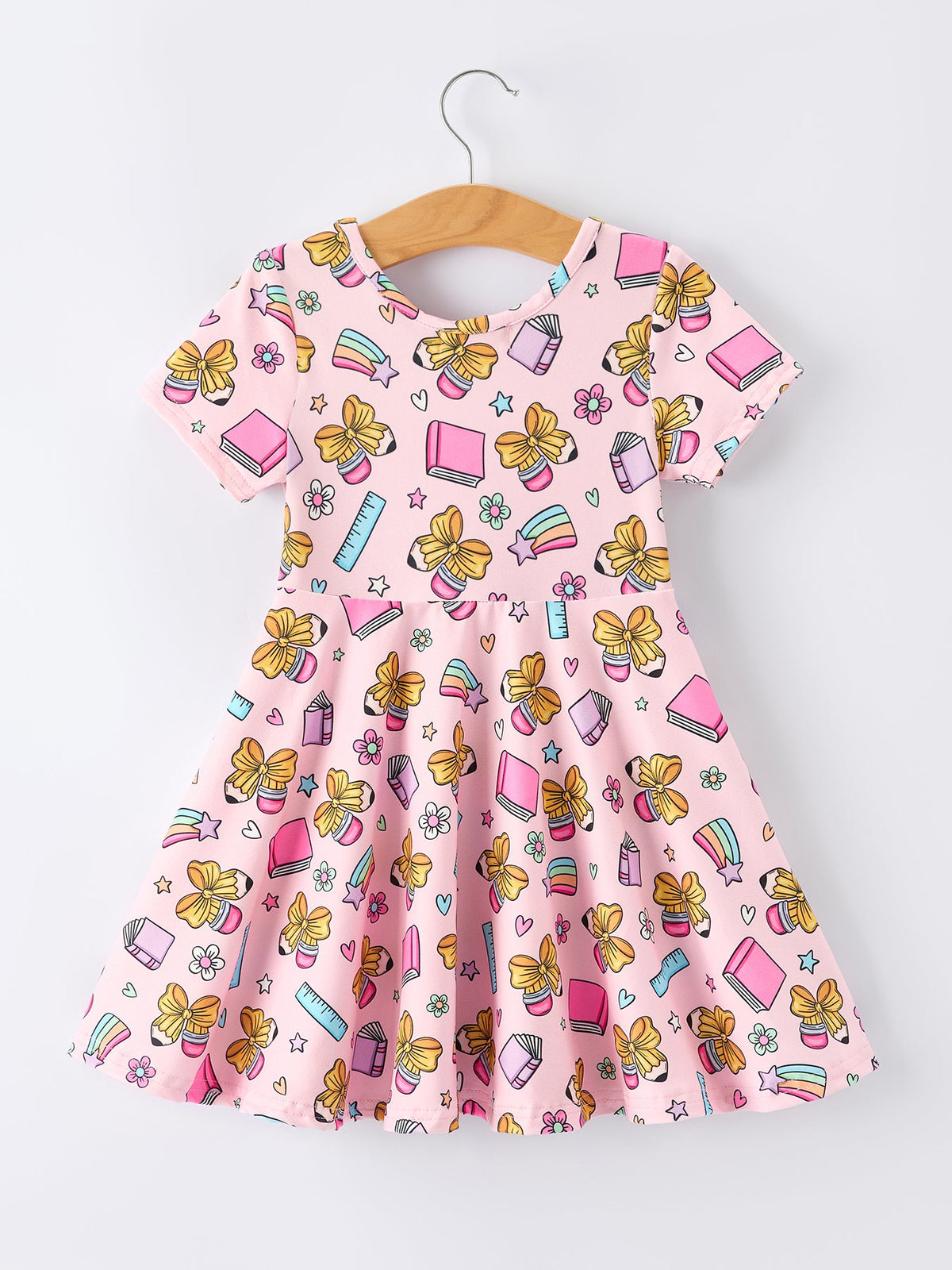 Rylee Faith Designs Back to School print girls short sleeve dress.