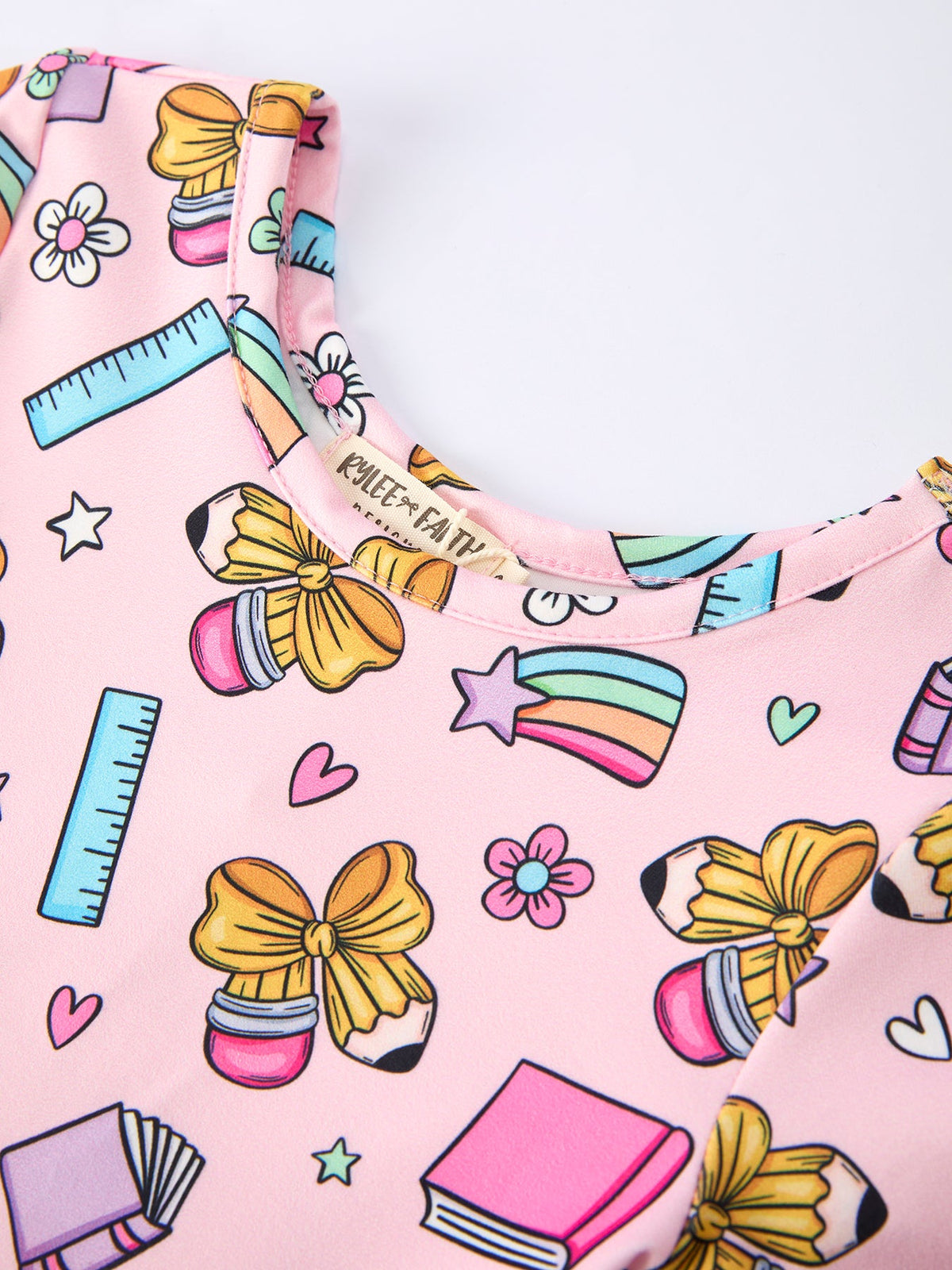 Rylee Faith Designs girls short sleeve dress, colorful Back to School print.