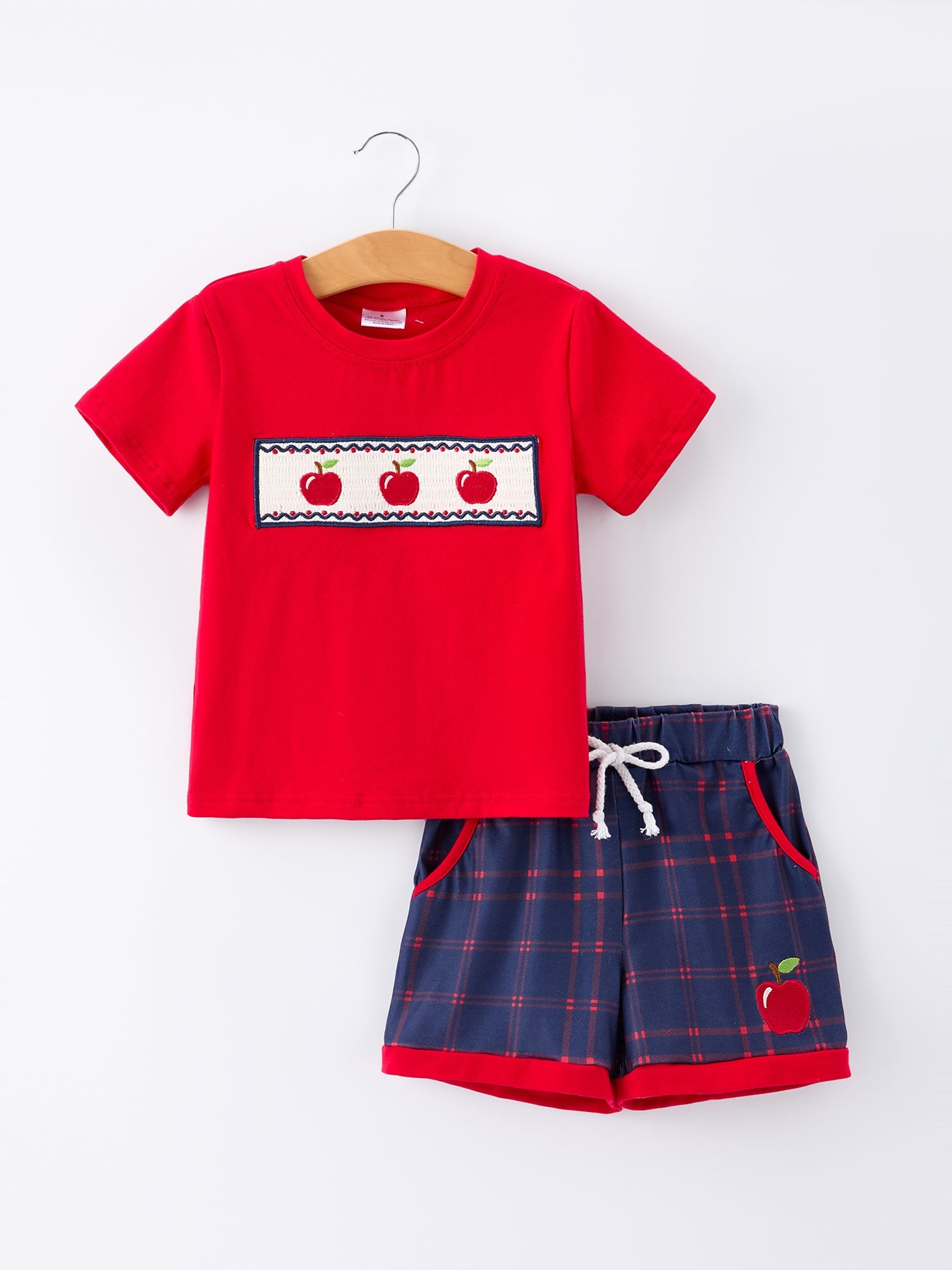 Back To School Apple Boys Set Plaid Shorts - Red, Pink, Baby & Toddler Clothing, Nightwear, Pocket | Everetts Place