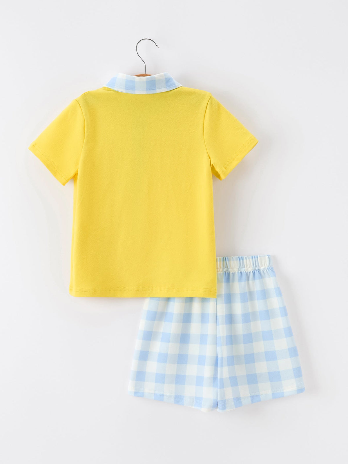 Rylee Faith Designs boys back to school pencil plaid polo short set with embroidery.