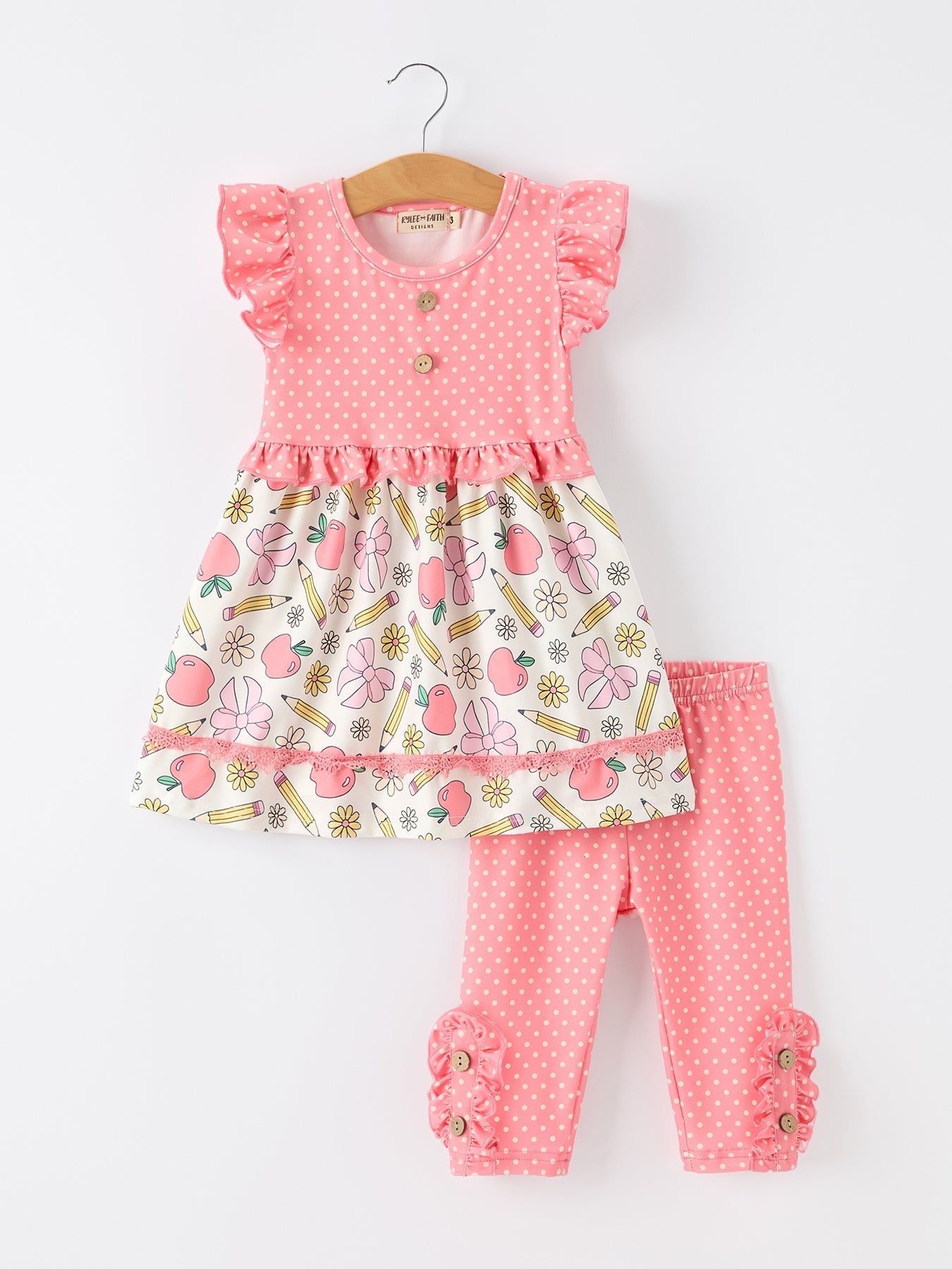 Girls Back To School Apple Pencil Polka Dot Dress Leggings Set - Pink, Baby & Toddler Clothing, Embellishment, Polka dot, Dress | Everetts Place