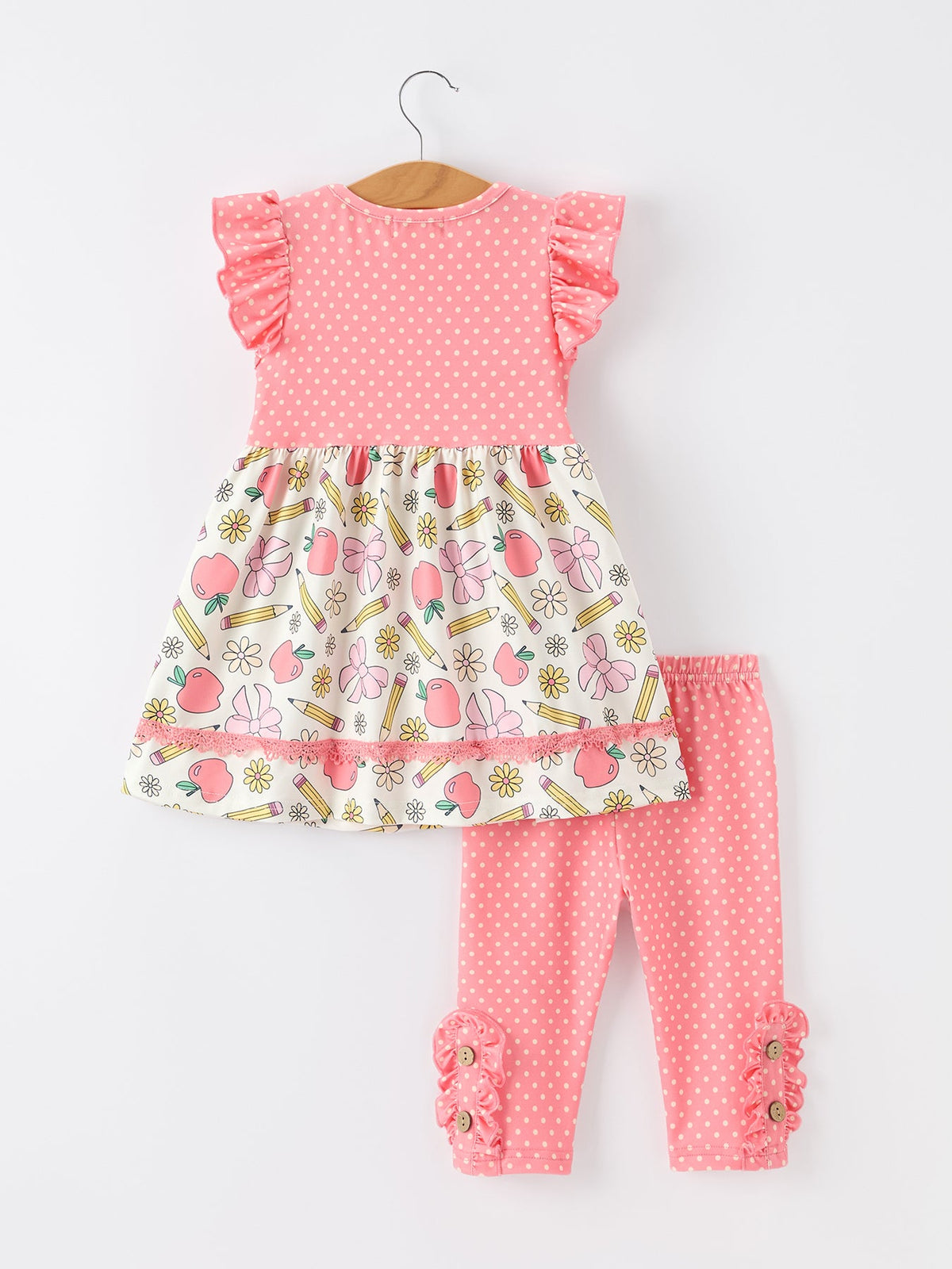 Girls back to school apple pencil polka dot dress leggings set.