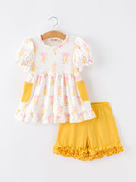 Girls Back To School Pencil Bow Pocket Ruffle Top Shorts Set by Rylee Faith Designs at Everetts Place