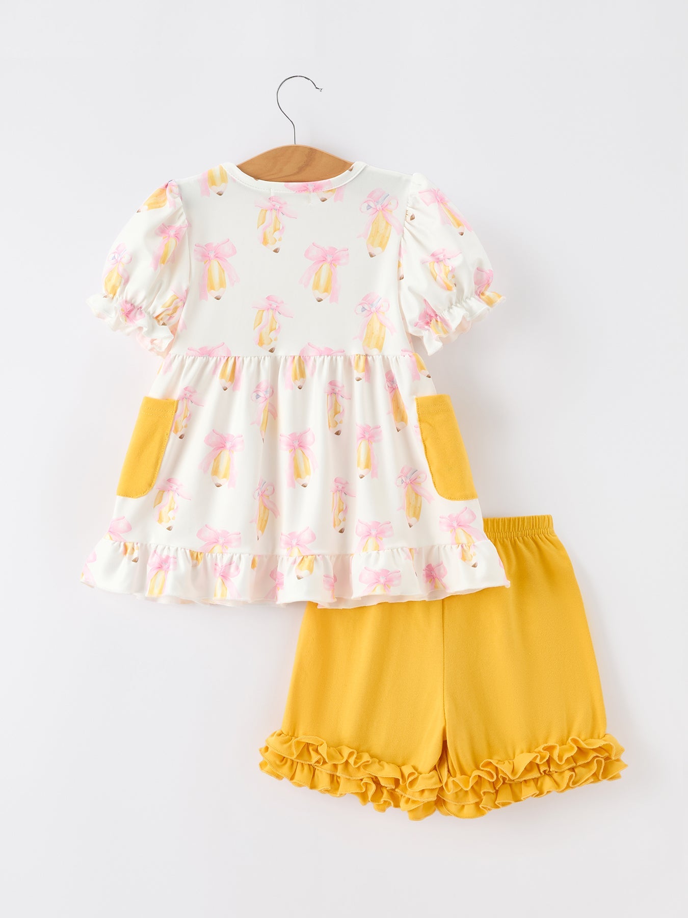 Girls Back To School Pencil Bow Pocket Ruffle Top Shorts Set by Rylee Faith Designs at Everetts Place