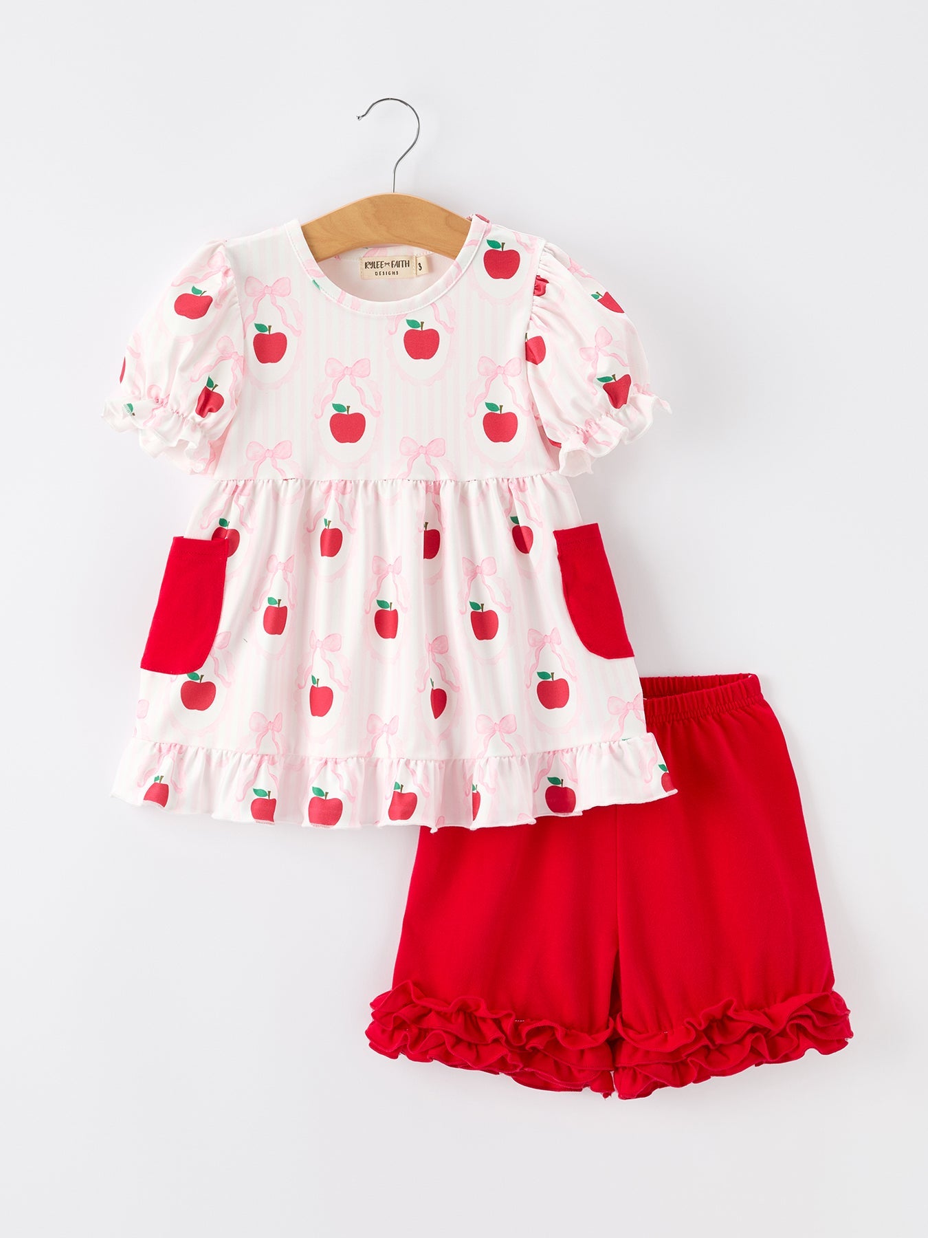 Girls Back To School Apple Bow Pocket Ruffle Top Shorts Set - Red, White, Baby & Toddler Clothing, Pink, Dress | Everetts Place