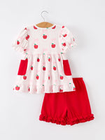 Rylee Faith Designs girls back to school apple bow pocket ruffle top shorts set.