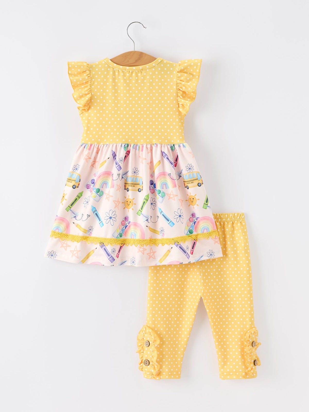 Rylee Faith Designs girls Back To School rainbow bus ruffle dress leggings set.