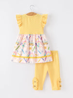 Rylee Faith Designs girls Back To School rainbow bus ruffle dress leggings set.