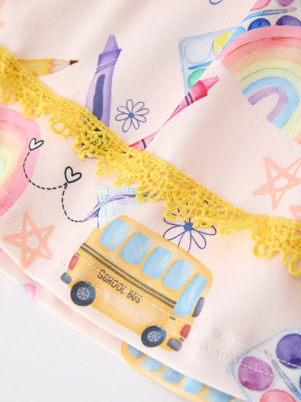 Rylee Faith Designs girls' back to school rainbow school bus ruffle dress & leggings.