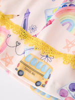Rylee Faith Designs girls' back to school rainbow school bus ruffle dress & leggings.