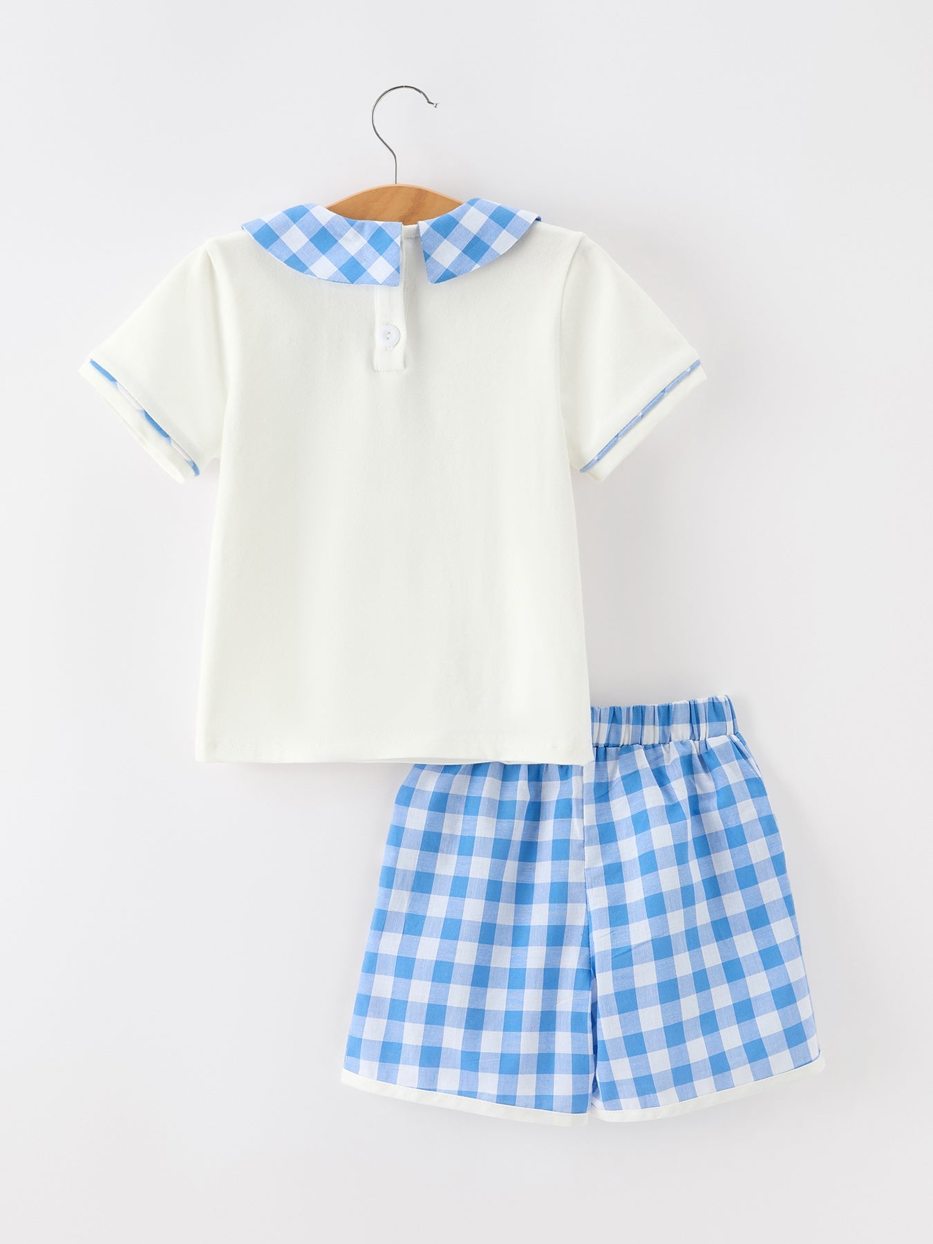 Rylee Faith Designs girls 4th of July plaid outfit, flag embroidery, Peter Pan collar.