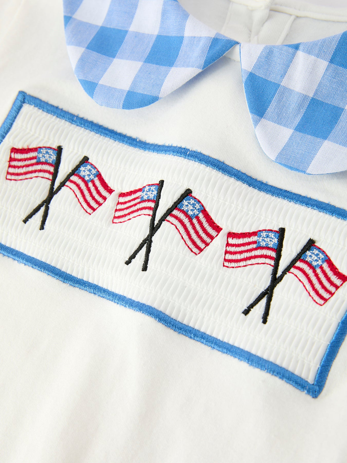 Rylee Faith Designs girls' 4th of July plaid outfit set, flag embroidery, Peter Pan collar.