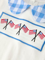 Rylee Faith Designs girls' 4th of July plaid outfit set, flag embroidery, Peter Pan collar.