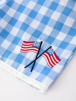Rylee Faith Designs girls 4th of July plaid outfit set with flag embroidery & Peter Pan collar.