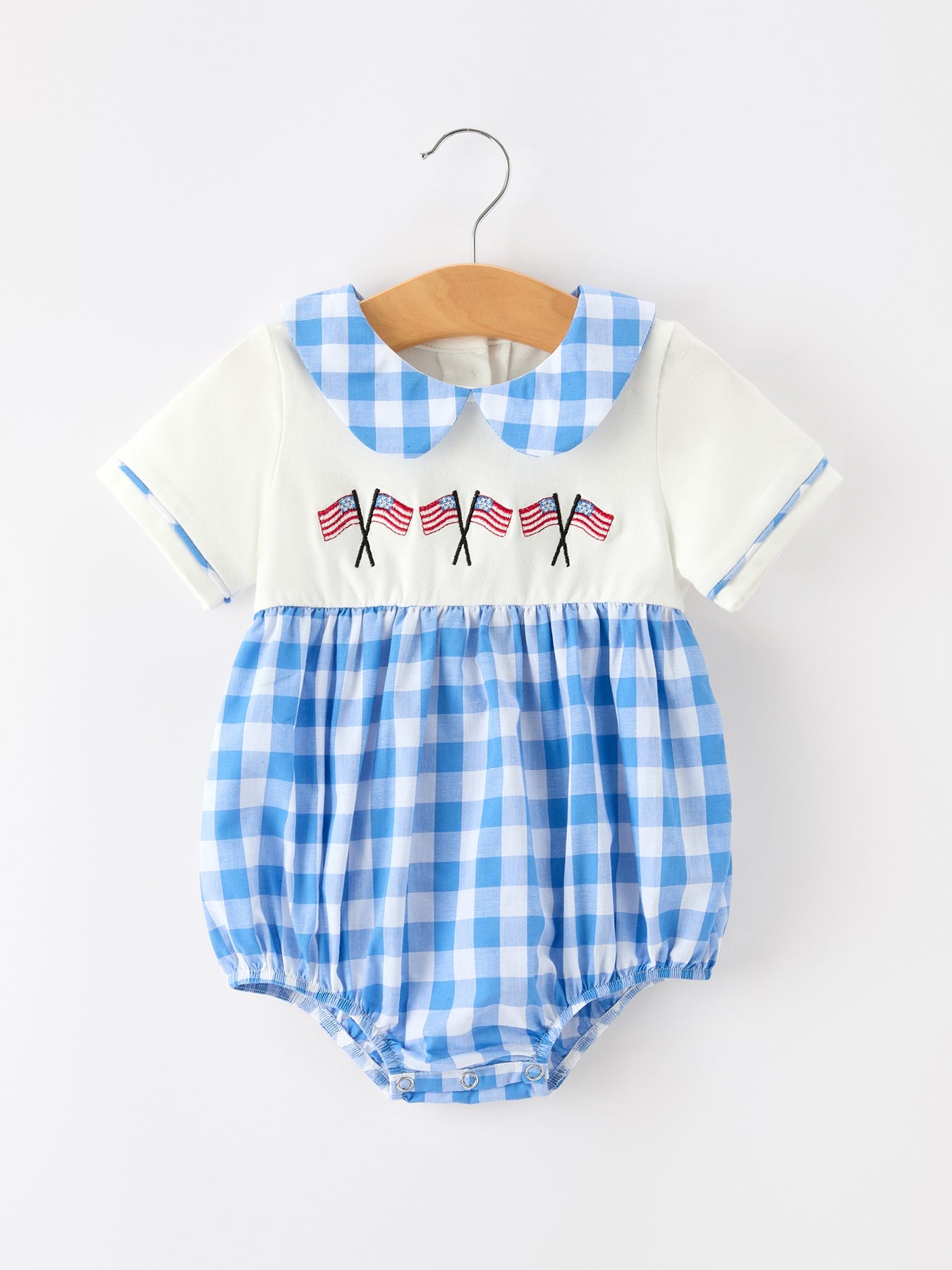 Boys 4th of July Plaid Romper Embroidery Petals Collar - Blue, Collar, Baby & Toddler Clothing, Textile, Plaid | Everetts Place