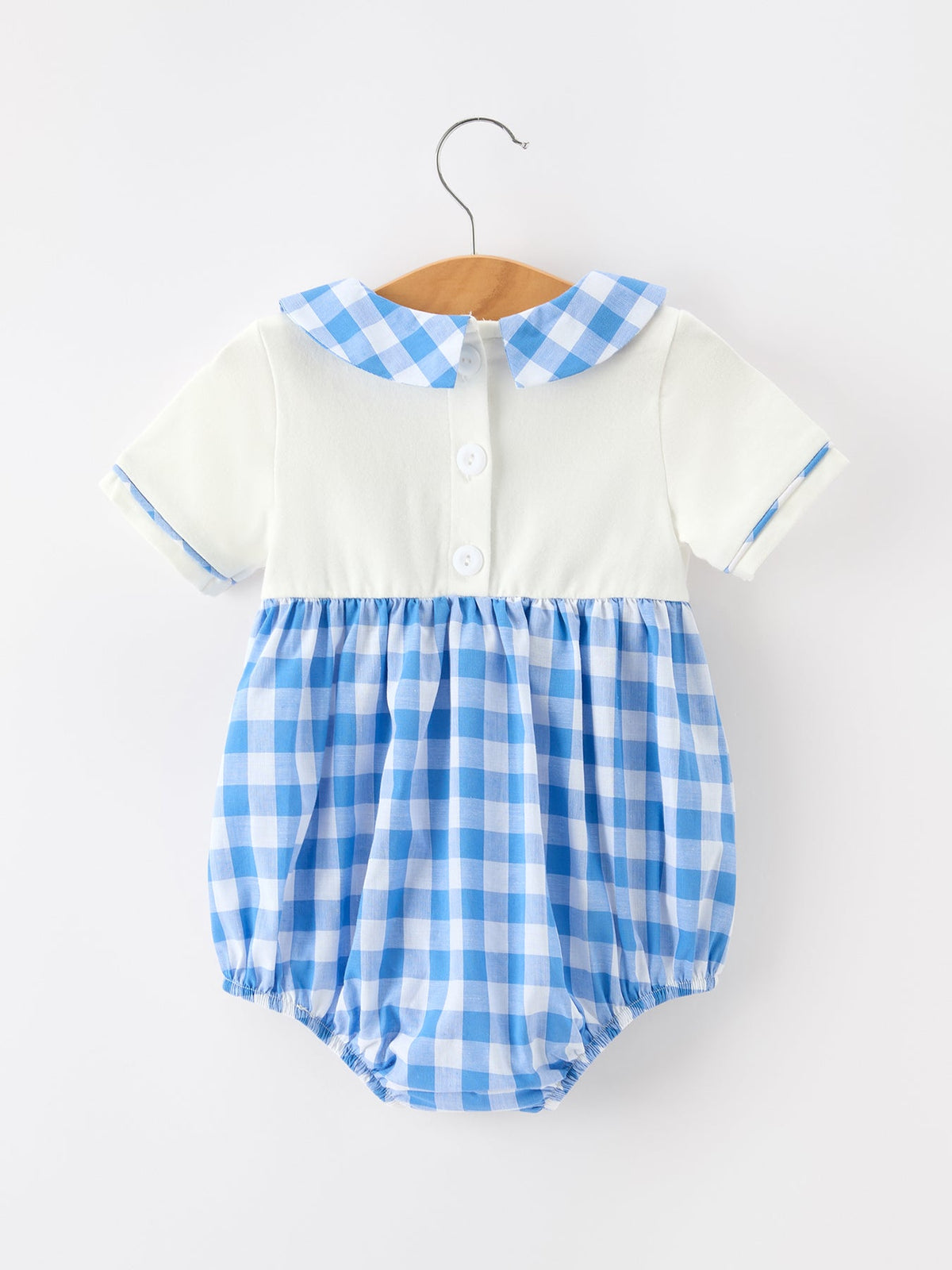 Boys 4th of July plaid romper with embroidered petals collar by Rylee Faith.