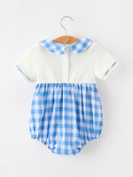 Boys 4th of July plaid romper with embroidered petals collar by Rylee Faith.