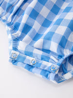Rylee Faith Designs boys 4th of July plaid romper with embroidered petals collar.