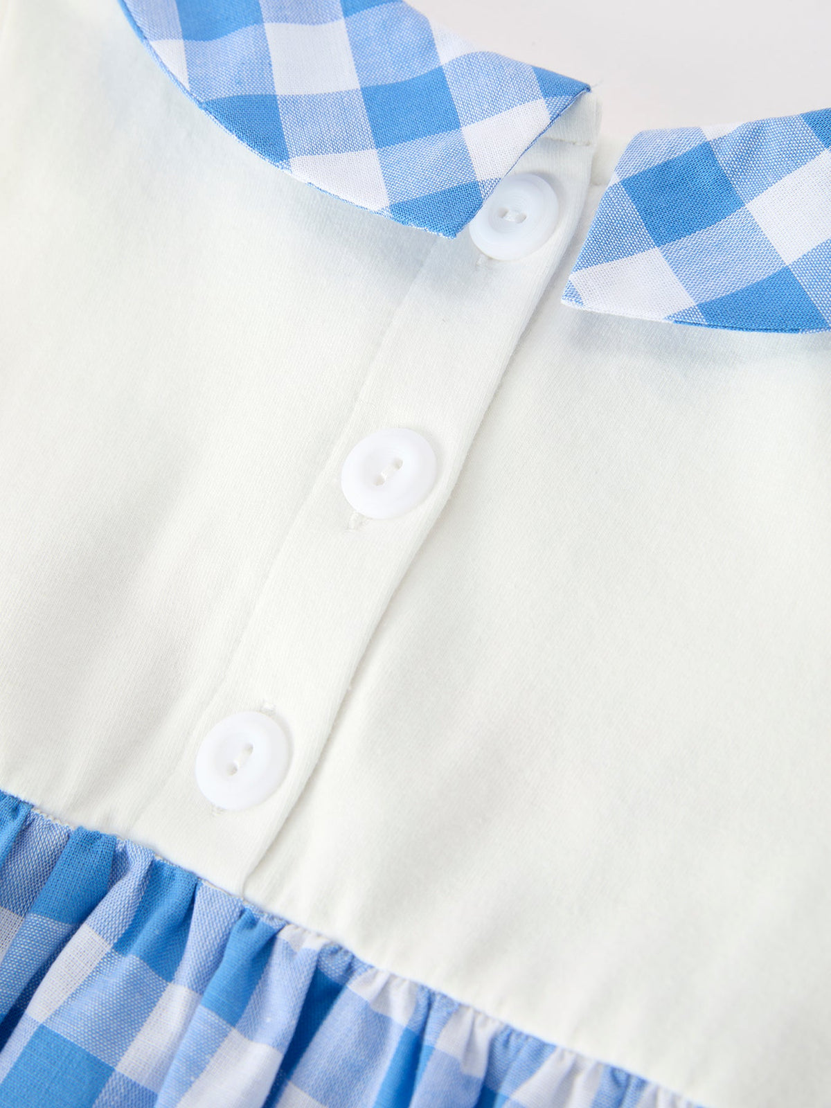 Boys red, white, blue plaid romper with embroidered petals collar.