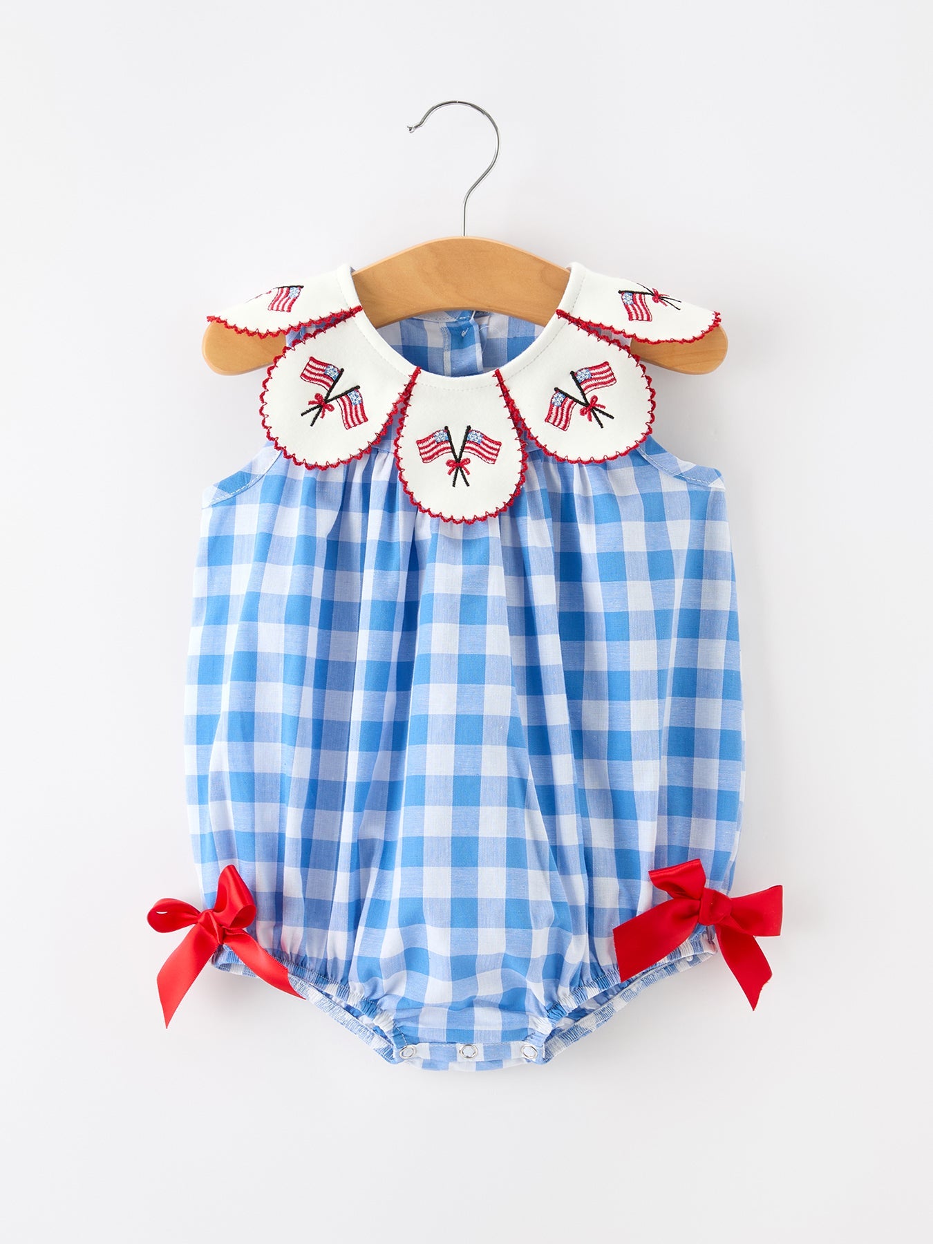 Girls 4th of July Plaid Romper Bow Embroidery Petals Collar - Blue, Baby & Toddler Clothing, Textile, Collar, Plaid | Everetts Place