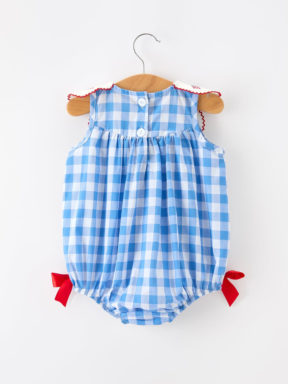 Rylee Faith Designs Girls 4th of July plaid romper, bow embroidery, petals collar.