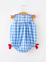Rylee Faith Designs Girls 4th of July plaid romper, bow embroidery, petals collar.