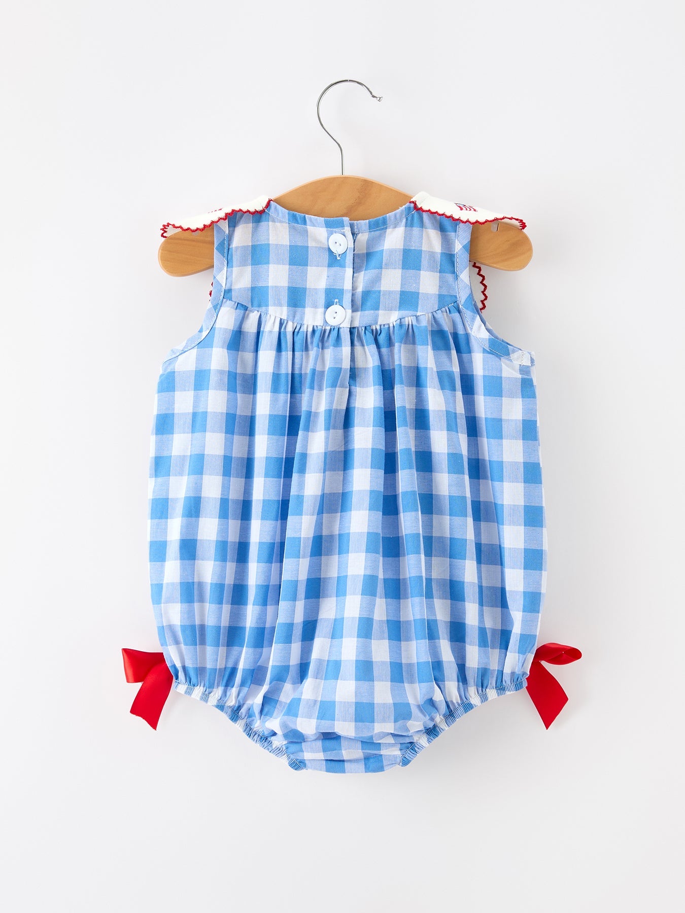 Rylee Faith Designs Girls 4th of July plaid romper, bow embroidery, petals collar.