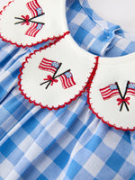 Rylee Faith Designs Girls 4th of July plaid romper with bow embroidery and petals collar.