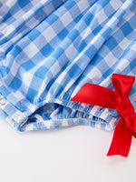 Rylee Faith Designs girls 4th of July plaid romper with bow embroidery and petals collar.