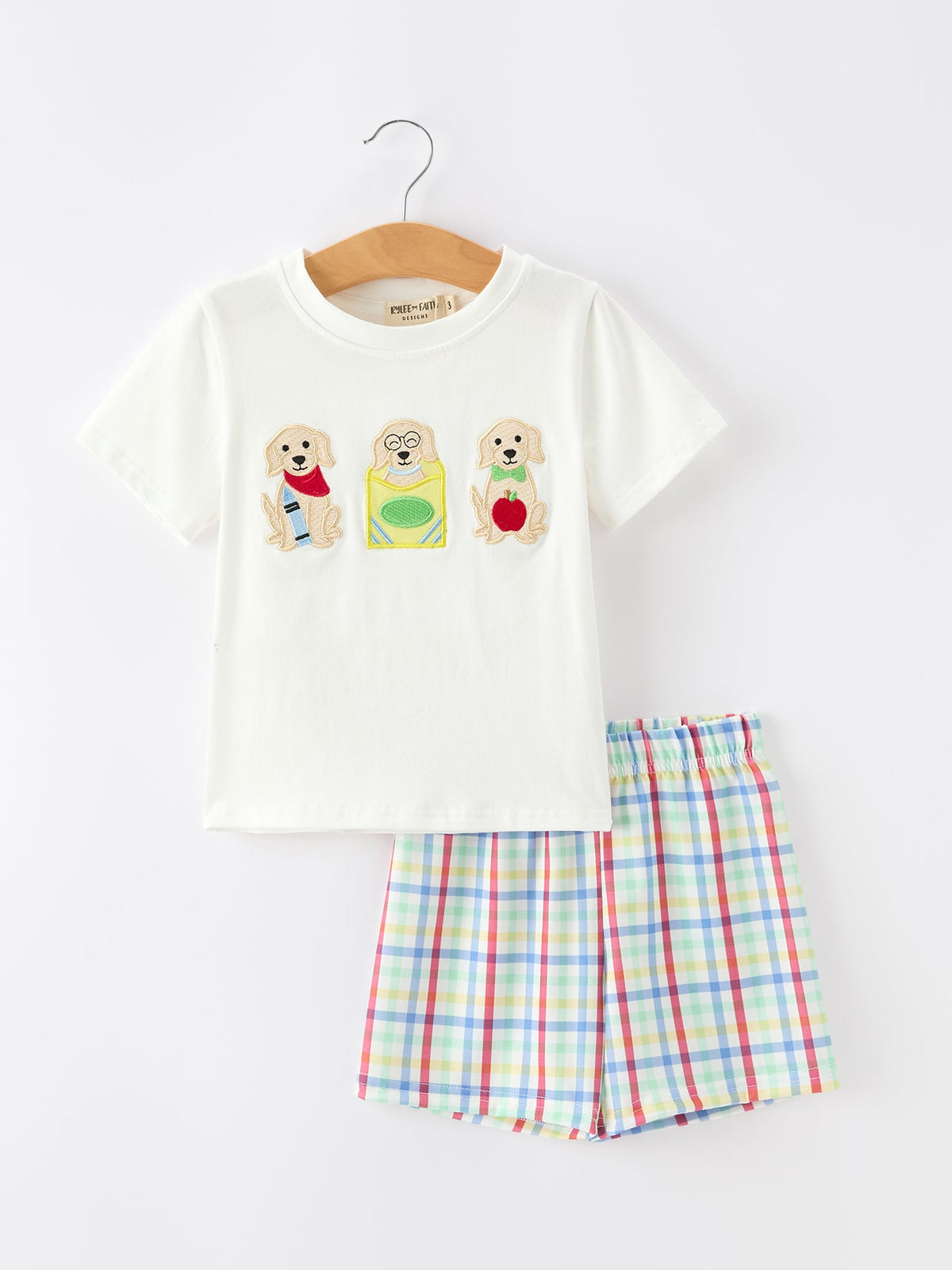 Boys Back To School Dog Plaid Short Set Applique by Rylee Faith Designs at Everetts Place