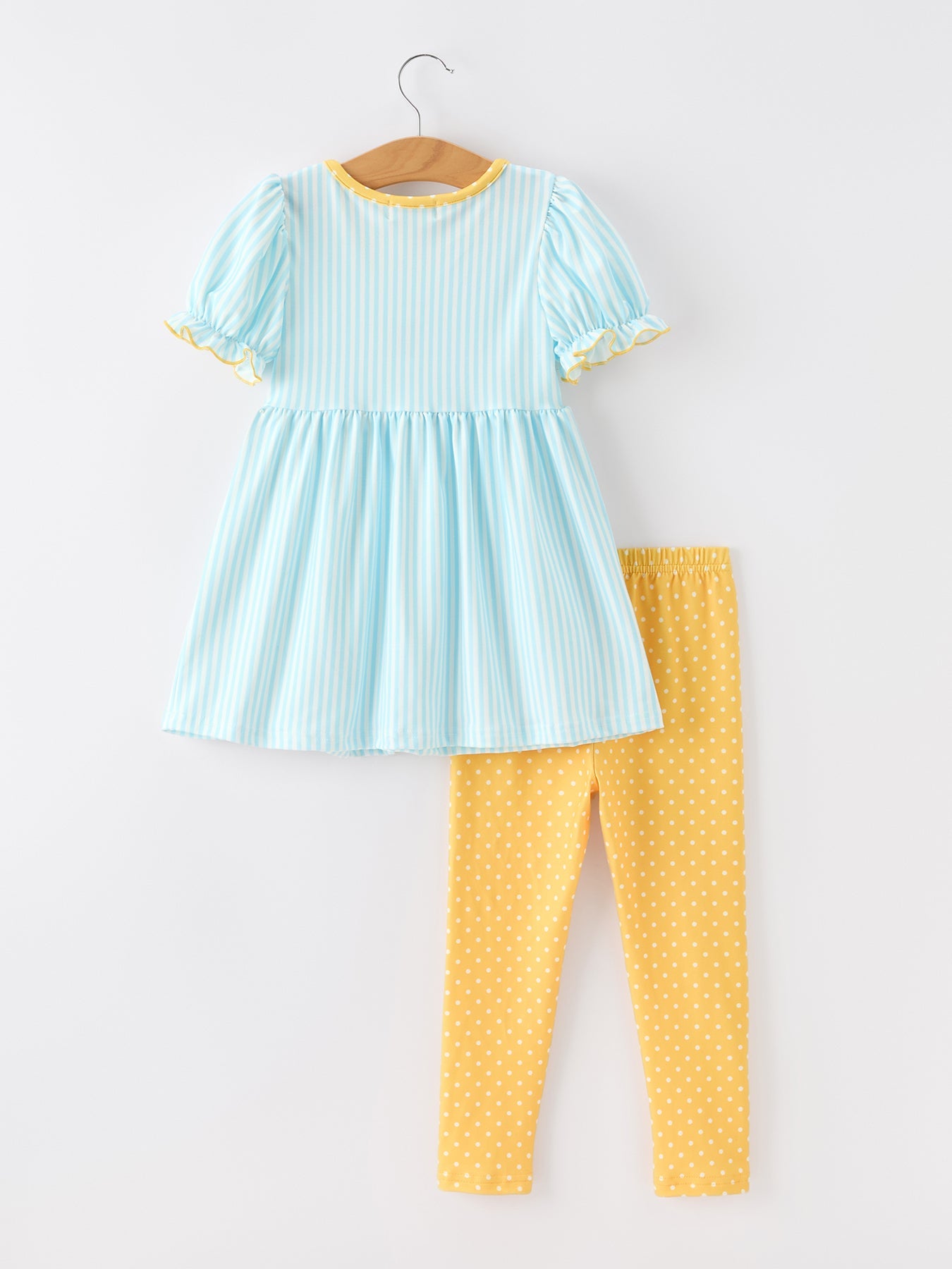 Girls Rylee Faith Back To School outfit: long-sleeve top with pencil applique, striped leggings, and pockets