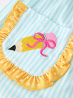 Girls Rylee Faith Back To School outfit: long-sleeve top with pencil applique, striped leggings, and pockets