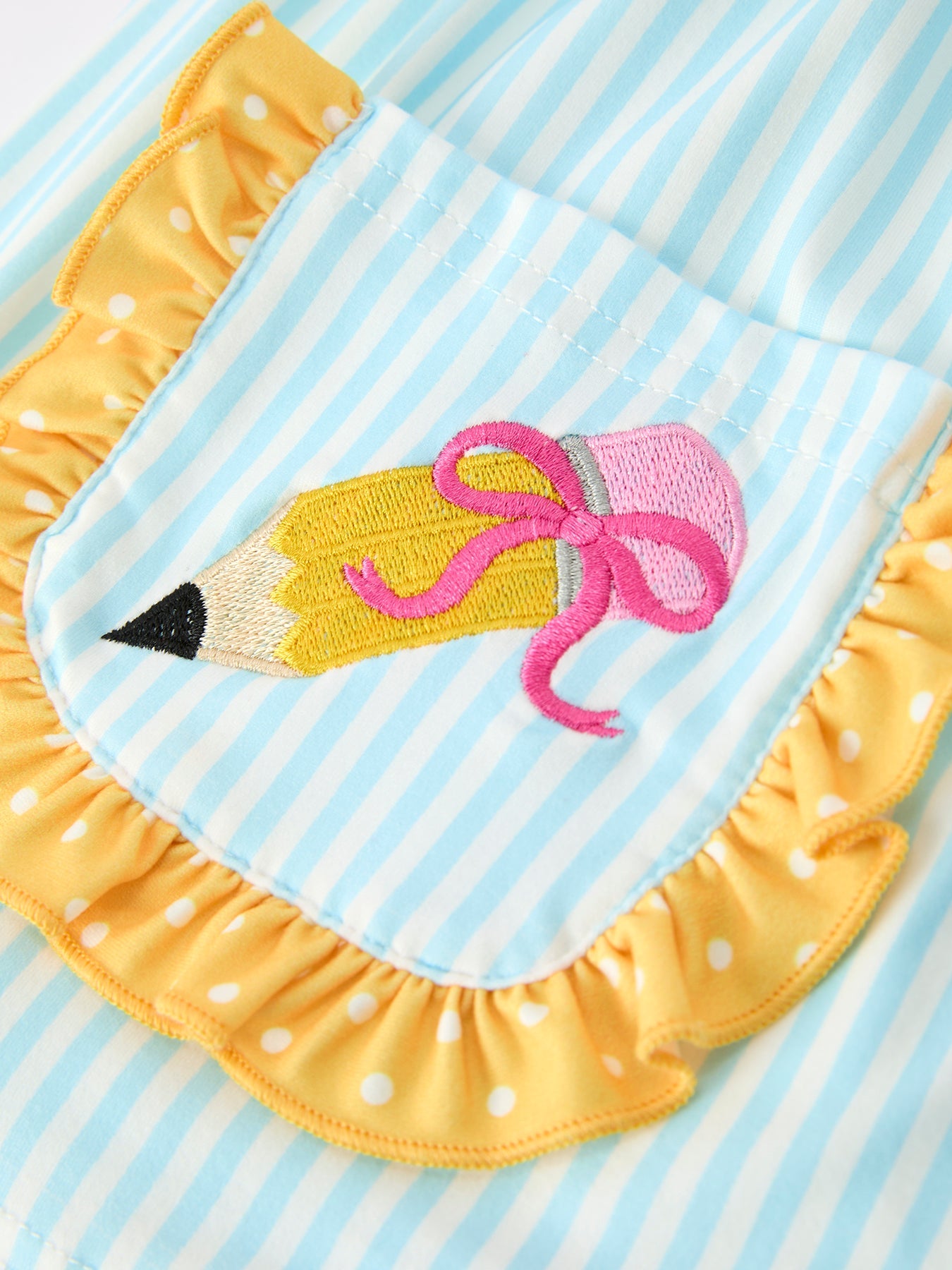 Girls Rylee Faith Back To School outfit: long-sleeve top with pencil applique, striped leggings, and pockets